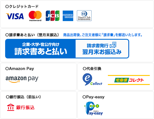 クレジットカード、Amazon Pay、請求書あと払い(翌月末振込)、代金引換、銀行振込(前払い)、Pay-easyがご利用いただけます。